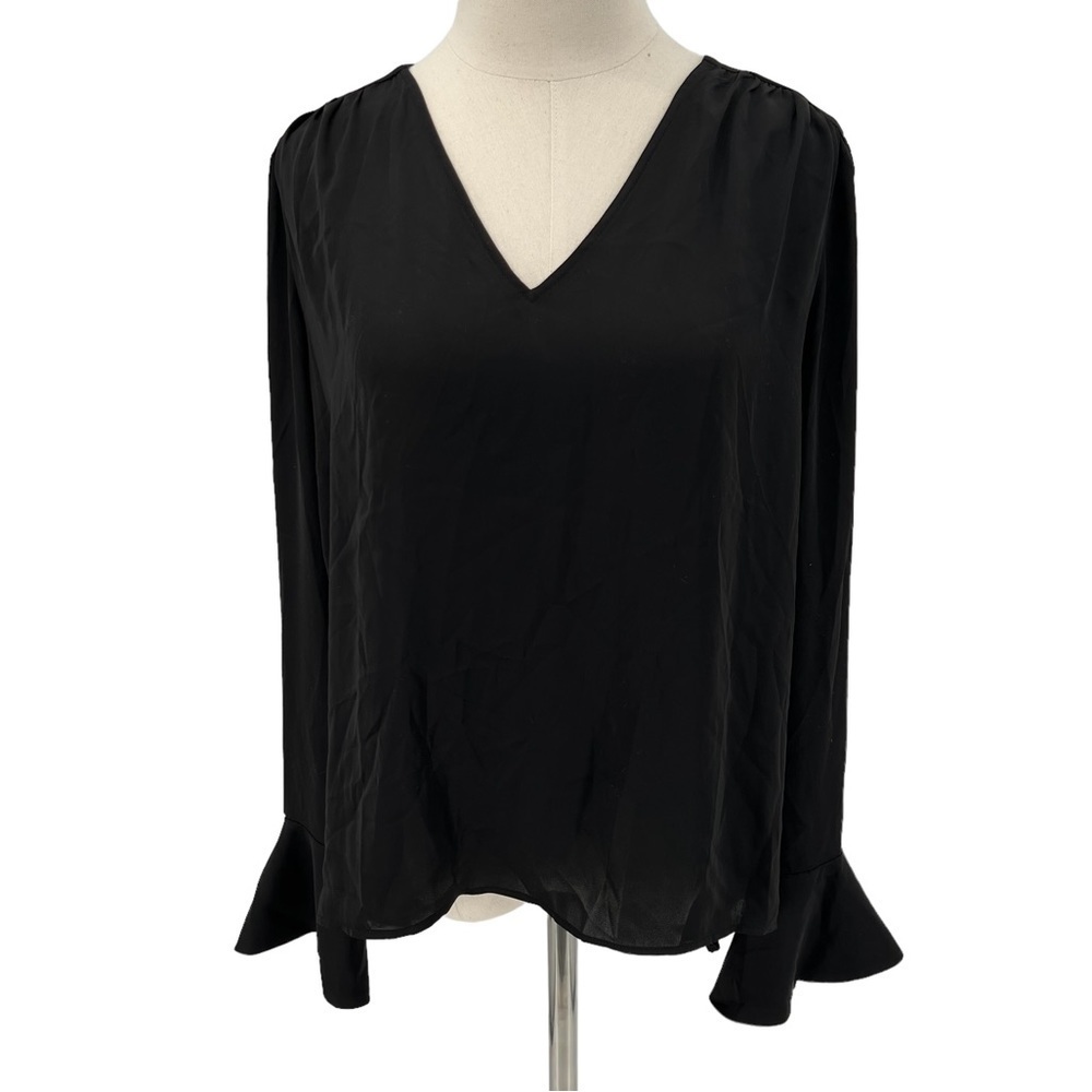 MNG By Mango Black Polyester Long Bell Sleeve V-Neck Blouse Size 4 Women's